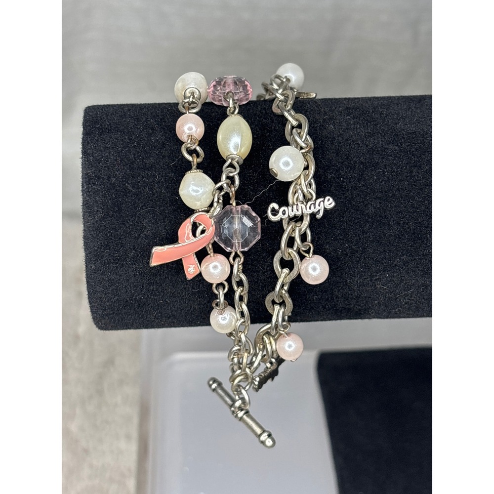 Breast Cancer Awareness Charm Bracelet Hope‎ Courage Pink Ribbon Pearl Beads